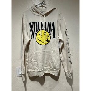Nirvana Smiley Face Cream Hoodie Graphic  Sweatshirt Womens nwt large